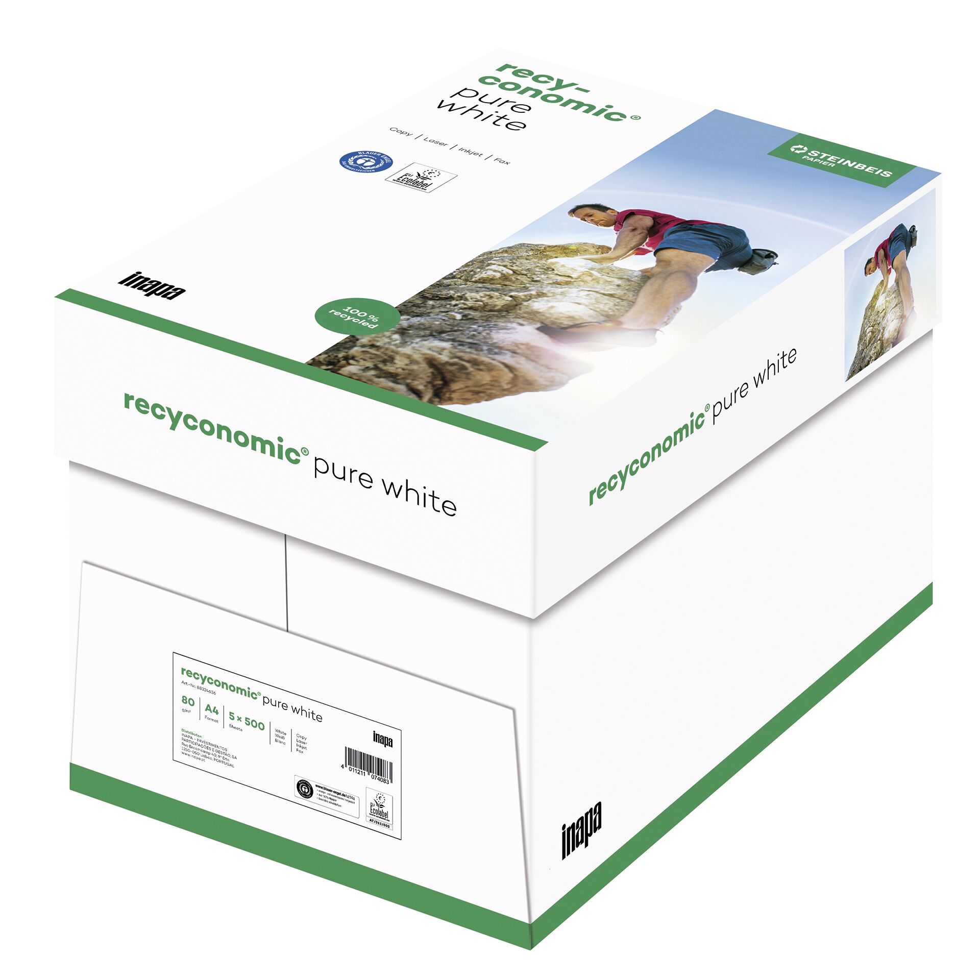 5x 500 Blatt Recyconomic Pure White ISO 90 A 4 80 g (Karton)